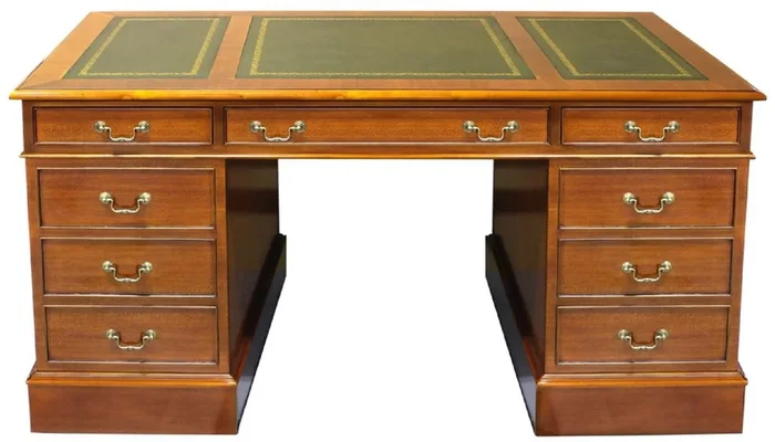 Casa Padrino bureau de luxe marron clair / vert / or 140 x 70 x H. 78 cm – Table de bureau en bois massif à l’anglaise – Mobilier de bureau de luxe