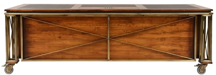 Casa Padrino bureau de style vintage de luxe marron / laiton / noir 234 x 98,5 x H. 75 cm – Table de bureau en bois massif avec roulettes – Meuble de bureau de style vintage de luxe