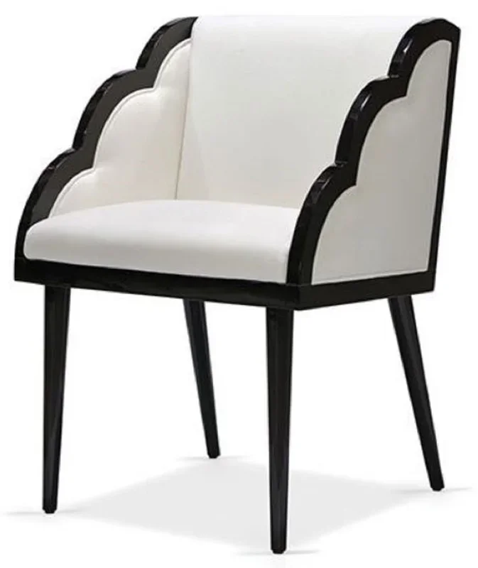 Casa Padrino chaise de salle à manger Art Déco de luxe avec accoudoirs blanc / noir 61 x 67 x H. 89 cm – Chaise de cuisine noble avec tissu velours – Mobilier de Salle à Manger Art Déco de Luxe