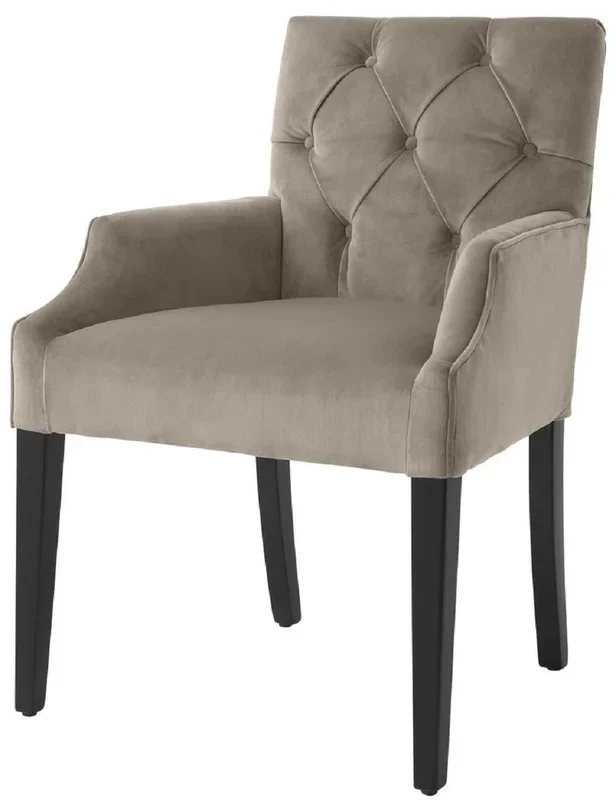 Casa Padrino chaise de salle à manger de luxe avec accoudoirs greige / noir 63 x 65 x H. 90 cm – Chaise de Cuisine Chesterfield en Velours Fin – Mobilier de Salle à Manger de Luxe