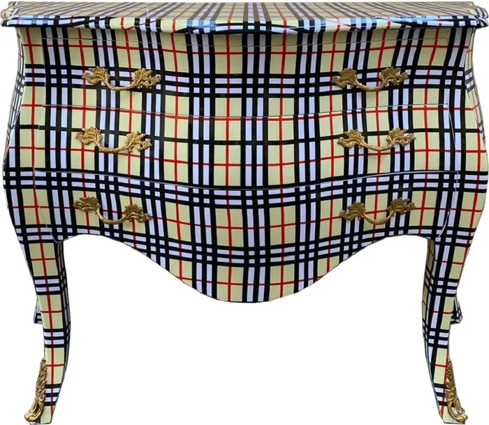 Casa Padrino commode baroque avec 3 tiroirs crème / blanc / noir / rouge – Commode rayée en bois massif de style baroque – Mobilier Baroque Fait Main