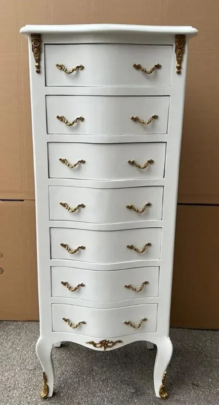 Casa Padrino commode baroque avec 7 tiroirs blanc / laiton – Armoire fait main en bois massif de style baroque – Meuble de salon de style baroque – Meuble baroque