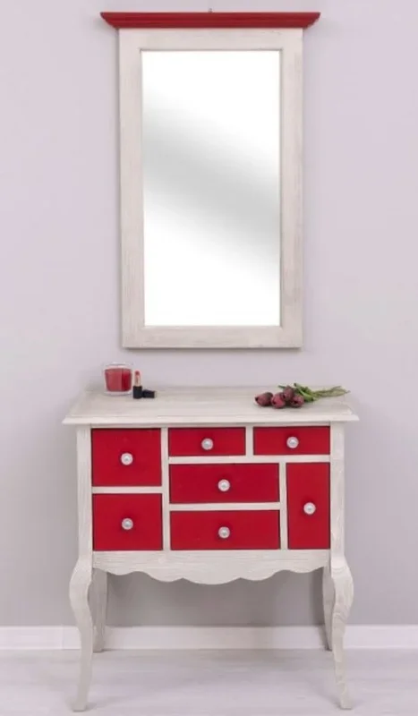 Casa Padrino commode de style campagnard avec miroir gris clair / rouge – Armoire en bois massif avec miroir mural – Meubles de garde-robe de style campagnard