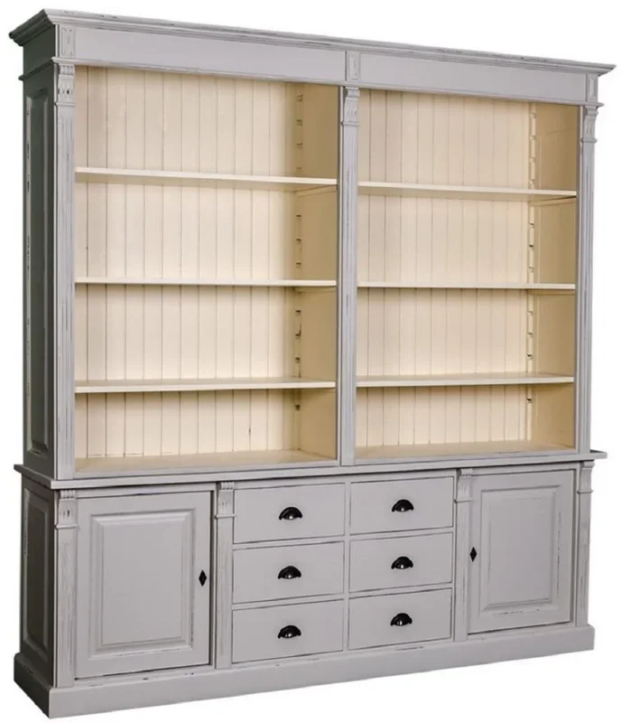 Casa Padrino country style bookcase antique gray / cream 223 x 51 x H. 240 cm – Living Room Cabinet with 2 Doors and 6 Drawers – Solid Wood Cabinet – Country Style Furniture