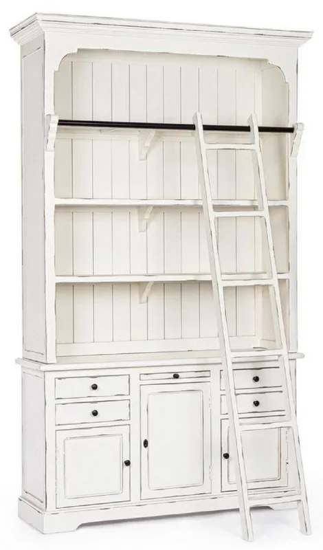 Casa Padrino country style cabinet with ladder antique white 143.5 x 40.6 x H. 233.7 cm – Bookcase – Shelf cabinet – Living room cabinet – Office cabinet – Country style furniture