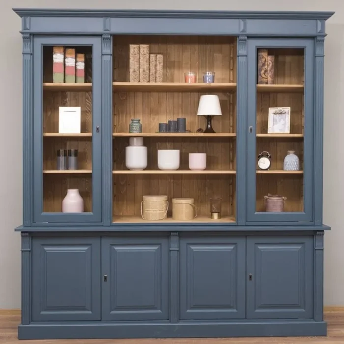 Casa Padrino country style living room cabinet blue / natural 223 x 51 x H. 228 cm – Solid Wood Cabinet – Bookcase – Shelf Cabinet – Country Style Furniture