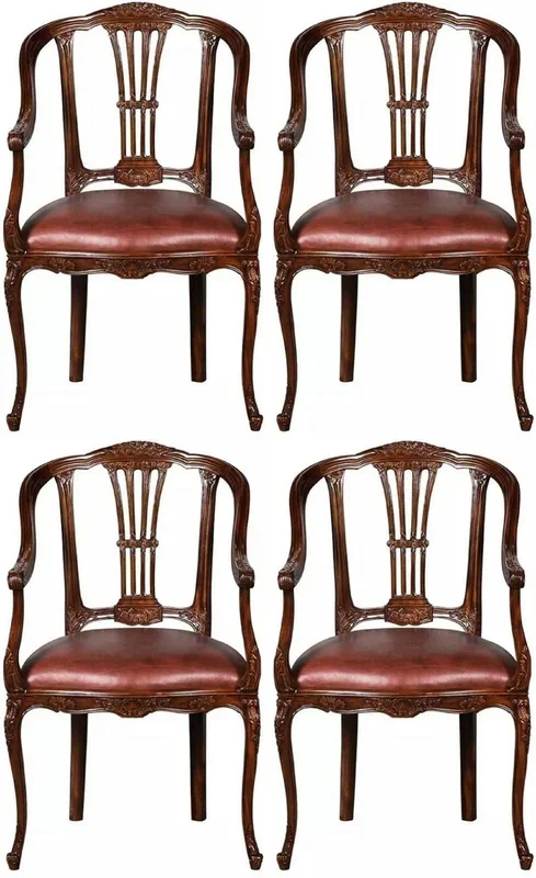 Casa Padrino ensemble de 4 chaises de salle à manger en cuir baroque de luxe avec accoudoirs marron – Magnifiques chaises de cuisine en cuir véritable de style baroque – Meubles baroque de luxe