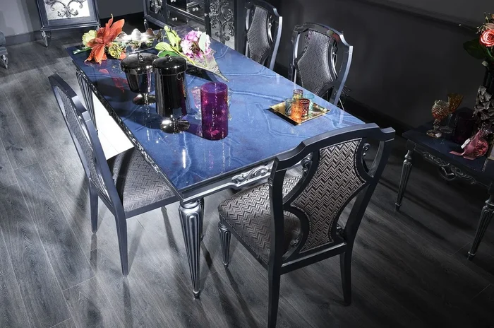 Casa Padrino ensemble de chaises de salle à manger baroque de luxe argent / bleu 54 x 53 x H. 109 cm – Ensemble de chaises de cuisine noble de 6 – Mobilier de salle à manger baroque