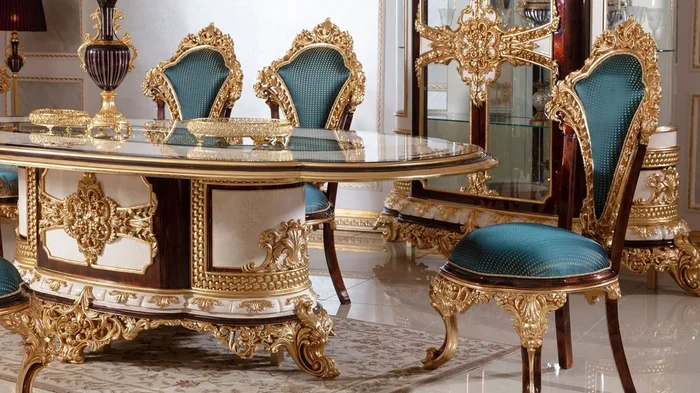 Casa Padrino ensemble de chaises de salle à manger baroque de luxe bleu / marron / or – Ensemble de 6 chaises de cuisine fait main avec motif élégant – Mobilier de salle à manger baroque