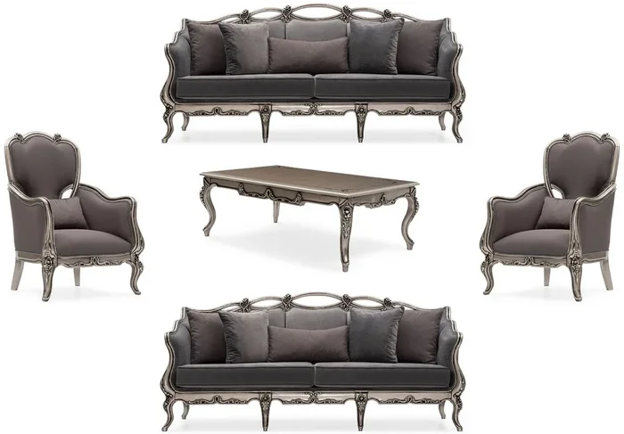 Casa Padrino ensemble de salon baroque de luxe gris / argent – 2 Canapés & 2 Fauteuils & 1 Table Basse – Mobilier de salon baroque – Noble & Magnifique