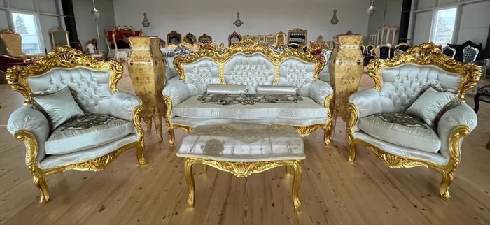 Casa Padrino ensemble de salon baroque de luxe motif argent / or – 1 Canapé Baroque & 2 Fauteuils Baroques – Meuble de salon de style baroque – Meuble baroque
