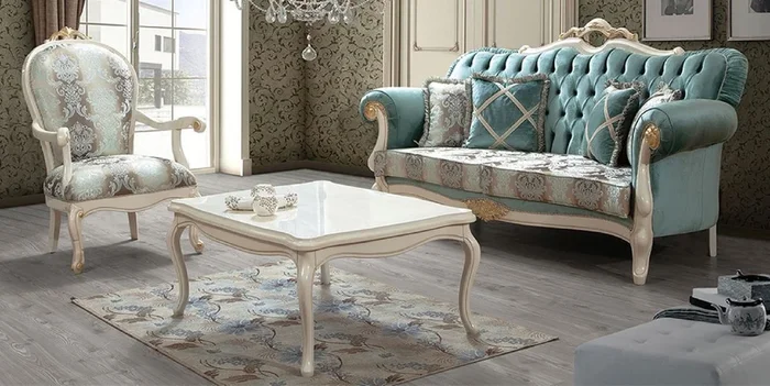 Casa Padrino ensemble de salon baroque de luxe turquoise / marron / crème / or – 2 Canapés avec Motif & 2 Fauteuils avec Motif & 1 Table Basse – Mobilier de salon baroque – Noble & Magnifique