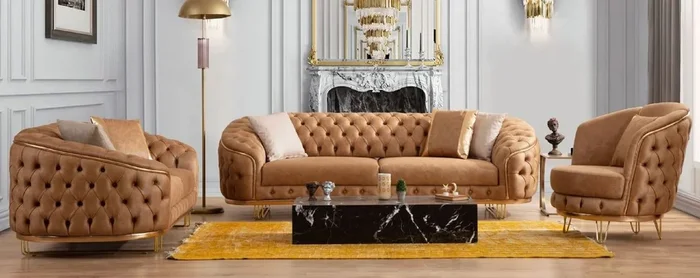 Casa Padrino Ensemble de Salon Chesterfield de Luxe Marron Vintage / Laiton – 2 Canapés Chesterfield de Luxe & 2 Fauteuils Chesterfield de Luxe – Meubles de Salon – Meubles Chesterfield de Luxe