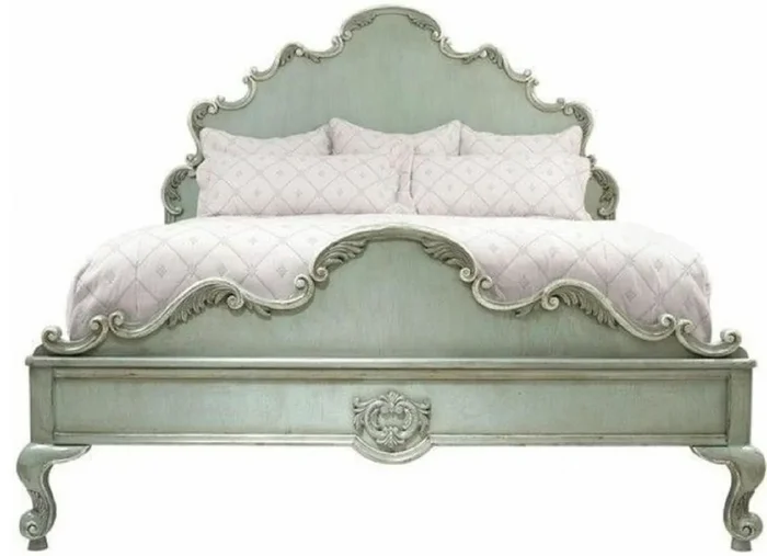 Casa Padrino lit double baroque de luxe vert menthe antique – Magnifique lit en bois massif avec tête de lit – Meubles de chambre de style baroque