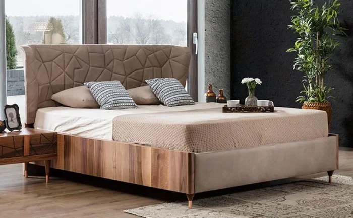 Casa Padrino Lit Double de Luxe Gris / Marron / Cuivre 193 x 225 x H. 115 cm – Lit en Bois Massif – Meuble de Chambre – Meuble Hôtel – Meuble de Luxe – Intérieur de Luxe