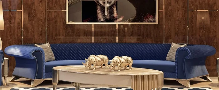 Casa Padrino Luxury Art Deco Sofa Blue / Gold – Curved Living Room Sofa – Hotel Sofa – Luxury Art Deco Living Room & Hotel Furniture