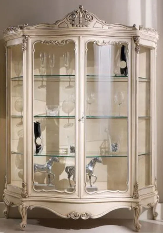 Casa Padrino luxury baroque display cabinet cream / silver 146 x 50 x H. 190 cm – Sumptuous baroque display cabinet with 2 glass doors – Baroque Living Room Furniture