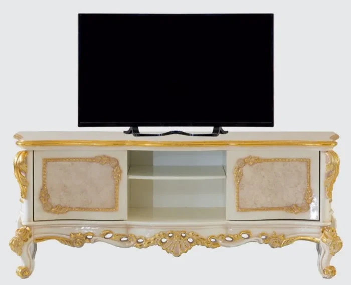Casa Padrino luxury baroque TV cabinet beige / white / gold – Magnificent living room sideboard with 2 doors – Baroque living room furniture