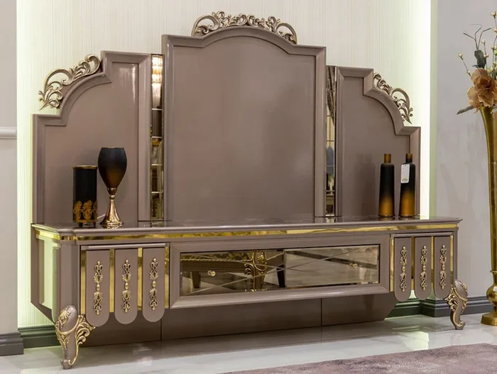 Casa Padrino Luxury Baroque TV Cabinet Black / Gray / Gold 214 x 52 x H. 164 cm – Solid Wood Cabinet – Living Room Cabinet – Noble & Magnificent