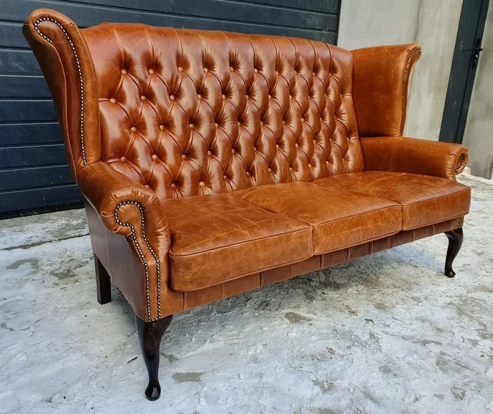 Casa Padrino luxury Chesterfield genuine leather high back wing sofa vintage brown / dark brown 183 cm – Genuine leather furniture