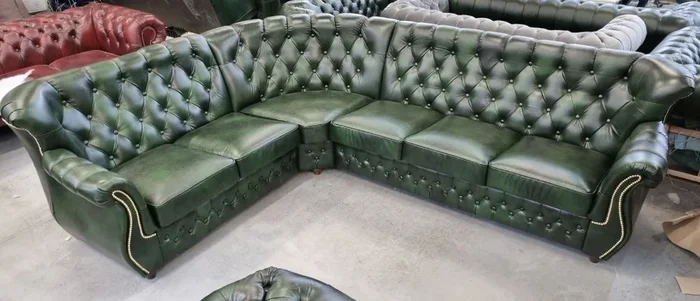 Casa Padrino luxury Chesterfield leather corner sofa vintage green 290 x 240 x H. 80 cm – Genuine leather living room sofa – Living room furniture – Luxury Chesterfield furniture