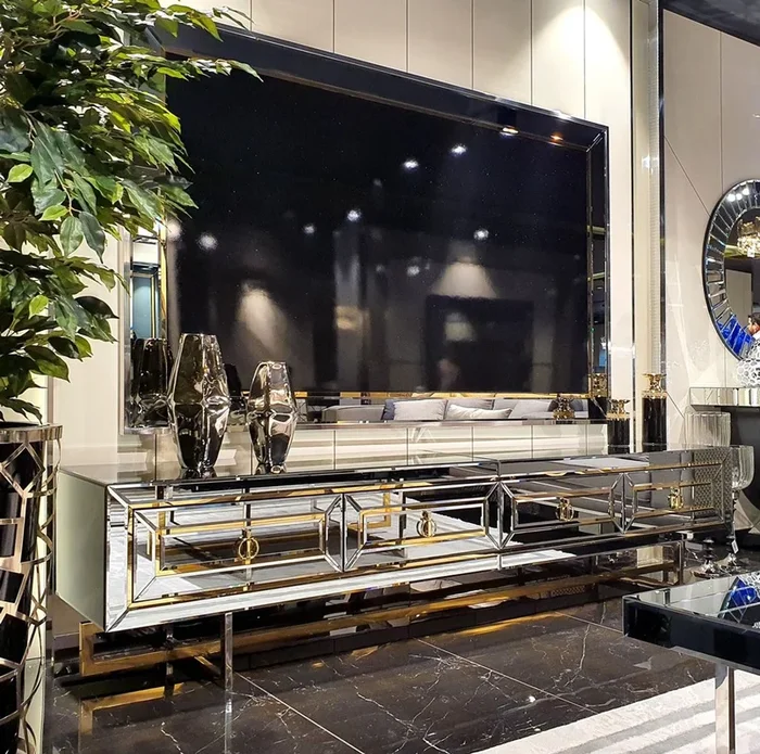 Casa Padrino luxury living room furniture set silver / gold – Mirrored TV cabinet with mirrored back wall – Mirrored luxury furniture