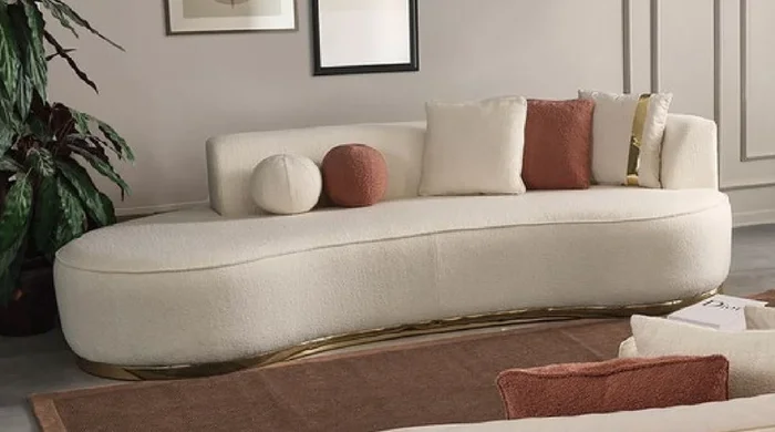 Casa Padrino luxury sofa cream / gold 270 x 120 x H. 76 cm – Curved living room sofa – Hotel sofa – Living room furniture – Hotel furniture – Luxury furniture – Luxury furnishings