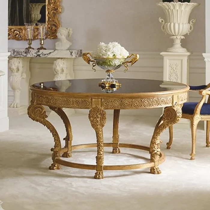 Casa Padrino table à manger baroque de luxe avec plateau en verre naturel / noir Ø 142 cm – Fabriqué en Italie