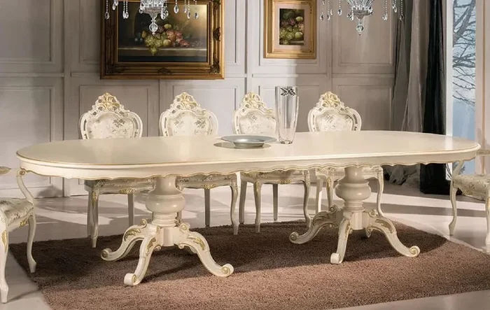 Casa Padrino table à manger baroque de luxe crème / or – Magnifique table de salle à manger en bois massif style baroque – Meuble de salle à manger baroque – Qualité de Luxe – Fabriqué en Italie