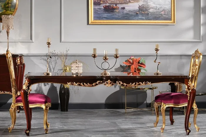 Casa Padrino table à manger baroque de luxe marron foncé / or 238 x 118 x H. 81 cm – Magnifique table de cuisine – Table de salle à manger en bois massif – Mobilier de salle à manger baroque