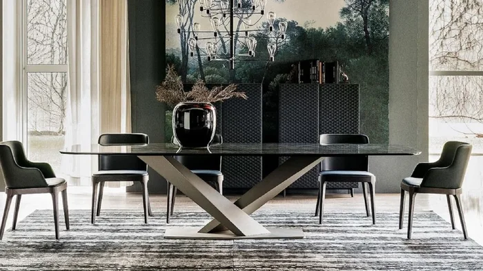 Casa Padrino table à manger de luxe noir brillant / titane 240 x 120 x A. 75 cm – Table de salle à manger avec plateau en céramique – Meuble de salle à manger moderne – Fabriqué en Italie