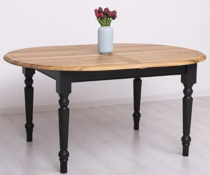 Casa Padrino table à manger de style campagnard naturel / noir 160-200 x 120 x H. 78 cm – Table de cuisine ovale extensible avec plateau en chêne – Meubles de salle à manger de style campagnard
