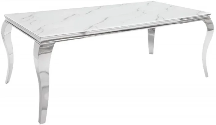 Casa Padrino table à manger design blanc / gris / argent 200 x 105 x H. 75 cm – Table de cuisine en acier inoxydable avec verre de sécurité imprimé numériquement aspect marbre – Mobilier baroque moderne