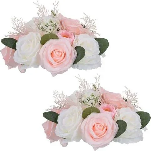 Centres de Table en Fleurs Artificielles: 2 Pièces 24cm Diamètre Fausses Fleurs Roses Rose & Blanc Composition Boules Soie Faux Bouquet Mariage pour M