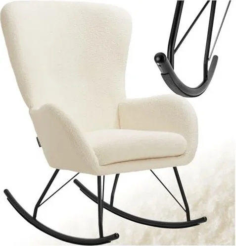 Chaise à bascule, très doux, en velours, coussin amovible, lavable, fauteuil à bascule, dossier et accoudoirs généreux, cadre robuste en acier, patins Blanc