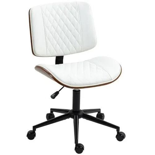 Chaise de bureau pivotante réglable en hauteur avec roulettes et surpiqûre diamantée avec fonction bascule en cuir synthétique Blanc