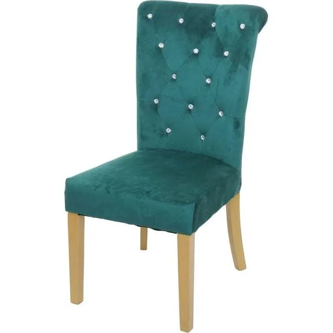 Chaise de salle à manger 558, chaise de cuisine, velours riveté, vert foncé, pieds dorés