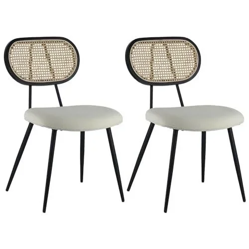 Chaise de Salle à Manger Vintage Elena en cannage et Tissu Boucle écru, Pieds en métal Noir