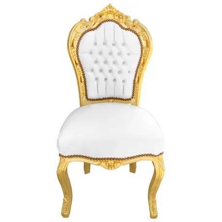 Chaise de style Baroque Rococo simili cuir blanc avec strass et bois doré