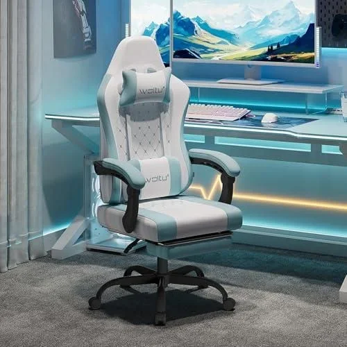 Chaise Gaming Massante, Chaise Bureau Ergonomique, avec Coussin à Ressorts, Soutien Lombaire Massant, Appui-tête, Repose-Pieds, Tissu Maille, Charge 1 Blanc