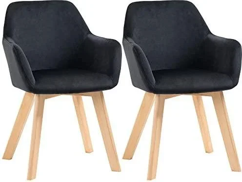 Chaises de salle à manger, lot de 2, chaise de cuisine avec accoudoirs, dossier, chaises rembourrées avec aspect velours, chaise de salon avec pieds e Noir
