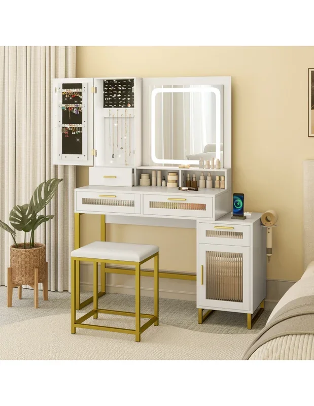 Coiffeuse avec Miroir LED et Station de Charge Table Maquillage Blanche avec Tabouret