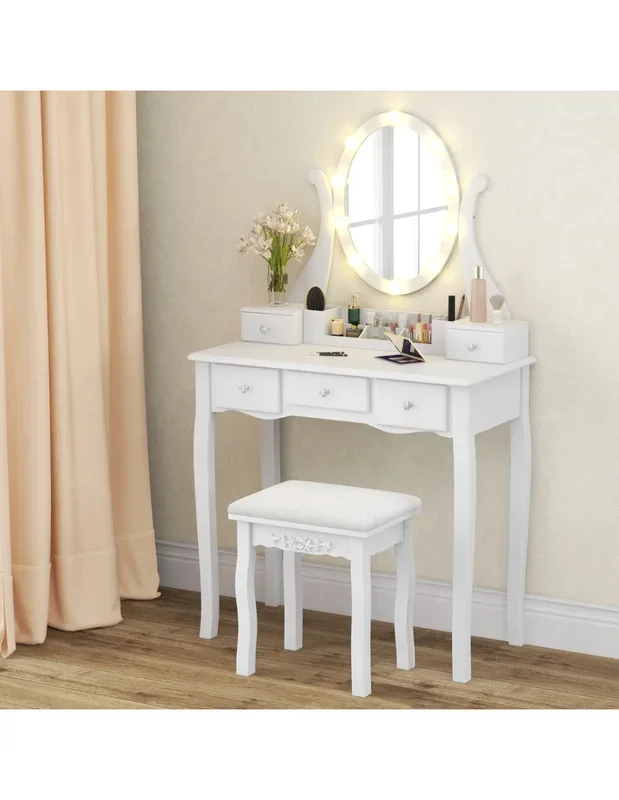 Coiffeuse avec Tabouret Miroir LED Blanche et 5 Tiroirs Table Maquillage Femme