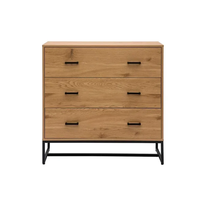 Commode 3 tiroirs finition bois clair chêne et métal noir l100 cm lovato