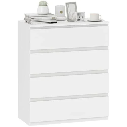 Commode 4 tiroirs Commode Chambre Meuble de Rangement épuré Style Moderne avec mécanisme de Fermeture en Douceur, pour Chambre à Coucher, Salon – 80 x Blanc