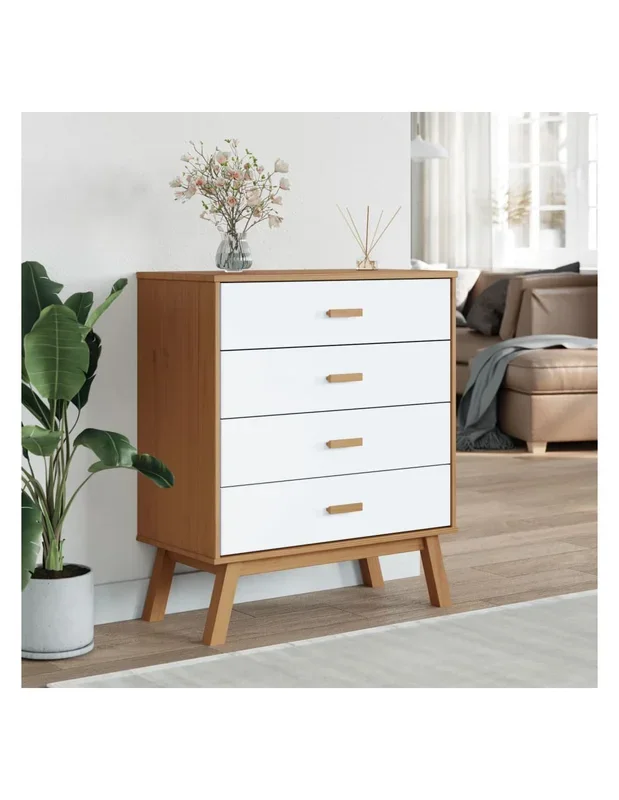 Commode 4 tiroirs Marron et Blanc Pin Massif Commode Salon Meuble Rangement Chambre Armoire à tiroirs