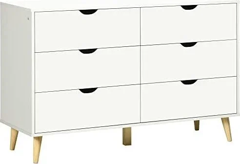 Commode 6 tiroirs Armoire avec tiroirs Meuble de Rangement Pieds en Bois Massif Style Moderne 120 x 40 x 76 cm Blanc