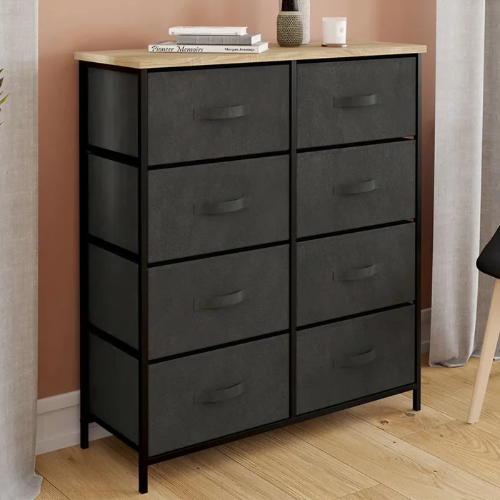 Commode 8 tiroirs en tissu gris anthracite et plateau effet bois
