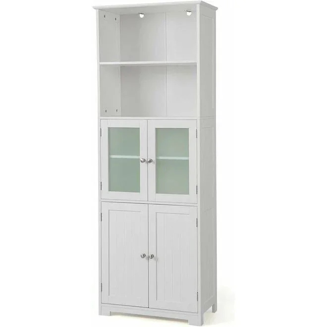 Costway – Meuble de Salle de Bain à 4 Portes 2 Compartiments Ouverts, Colonne Salle de Bain Armoire Haute avec Étagères Réglables pour Salon