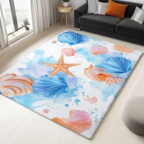 Couleur Lavable Tapis de Salon Minimalisme à imprimé Aquarelle Coquillages Étoiles De Mer, perd Pas Ses Poils pour la Maison Le Bureau la Chambre à Co
